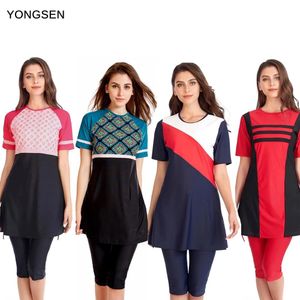 Conjunto Yongsen 2022women muçulmano maiô plus size islâmico burkini com chapéu de natação esporte banho senhoras manga curta impressão modesto hijab