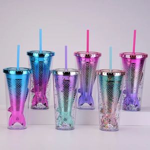 12oz Double-layer Plastic Tumblers Creative gradient mermaid straw cup electroplating color sequin Fish Tail cups by sea T9I002533