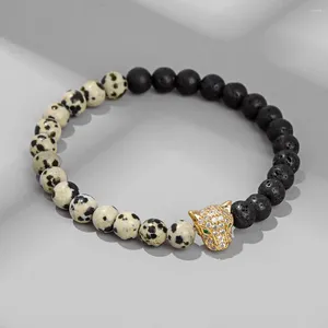 Strand Micro Pave CZ Leopard Head Men Bracciale Naturale Stone Perle Lava Giorite Braccialetti Yoga Gioielli Regali di compleanno maschile