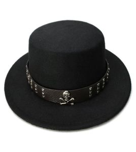 Luckylianji Women Men Vintage 100 Wool Wide Brim Top Cap Pork Pie Porkpie Bowler Hat Skull Bead Leather Band 57CMADJUST Y20014323591