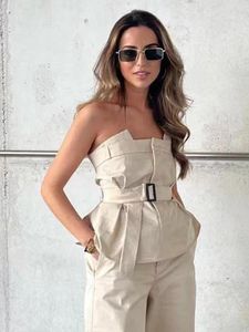 Kvinnotankar Puwd Kvinnor Fashion med Belt Beige Strapless Short Tops 2023 Spring Vintage Side Zipper Sleeveless Female Camis Mujer