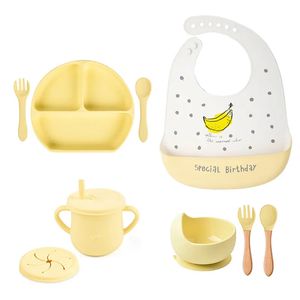 5 9Pcs Children's Dishware Baby Silicone Feeding Set Sucker Bowl Plate Cup Bibs Spoon Fork Sets Non slip Dishes For Kid BPA Free 231225