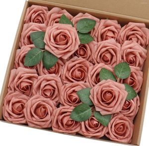 Decorative Flowers Artificial 25/50pcs Real Looking Dusty Cedar Foam Fake Roses With Stems For DIY Wedding Bouquets Tables Home Decorations