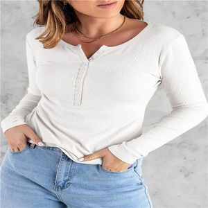 Kadın bluzları Kadınlar Uzun Kollu Gömlek Düğmesi İnce Uygun Henley Tee Bluz Sonbahar Düz Renk Yüzyüzü Yokslu Yoks Y2K 90S E-Girl