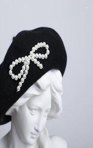 Береты Дельфин, роскошные женские тонкие шерстяные шапки в британском стиле, японский дикий жемчуг с бантом, черная шапка художника, зимняя шапка-бини художника 4274528