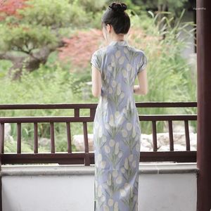 Abbigliamento etnico Summer Women Abito in stile cinese Long Cheongsam Sexy Elegante Slimt Fit Qipao Vintage Mandarin Collar Outfit da sera