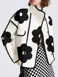 Women's Jackets Yeezzi Women Spring Autumn Fashion Black Flower Print High-Neck Long Sleeves Buttoned Casual Outerwear Coats 2024