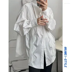 Men's Casual Shirts Spring And Autumn White Shirt For Men French Wave Embroidered Long Sleeve Blouse Loose Polo Collar Top Clothes