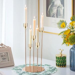 Guldljushållare Metal 5-armar Holder Wedding Candelabra Candlesticks Candle Stand Bord Centerpiece Home Decoration