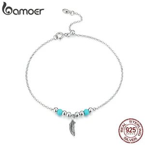 Bangle Bamoer Bohemia Style Feather Sier Chain Bracelet for Women Sterling Sier Jewelry Boho Style Female Accessory Scb181