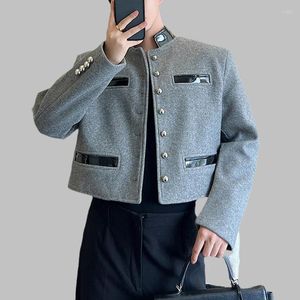 Men's Jackets Vintage Men Woolen Patchwork PU Leather Stand Collar Button Long Sleeve Coats Fashion Temperament Casual Crop Outerwear
