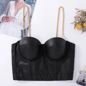 Женские танки 2023 Женщины Camisole Top Gold Chain Brap Brap Colder Sexy Pu кожаный урожая Bustier Bra Night Club Party Tank