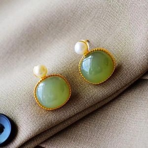 Dangle Earrings Solid 925 Sterling Silver With Natural Green Jade Cushion Stud 21mm L