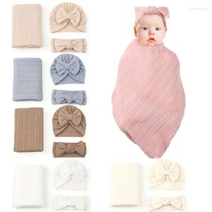 Decken 3pcs Baby Swaddle Wrap Bowknot Babys Empfangen Sie Hüte Stirnbänder POFORE PROFORE SETET FÜR GURMS Jungen Duschgeschenk