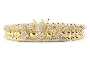 3 teile/satz Luxus Gold perlen Royal King Crown Würfel Charme CZ Ball Armband herren mode armbänder armreifen für Männer schmuck2601708