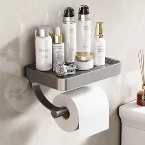 Nail Free Grey Toilet Paper Holder Aluminum Wall Mounted Toilet Paper Roll Holder Bathroom Accessories WC Decor Storage Shelf 231222