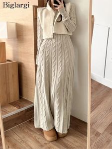 Stickad Autumn Winter Pullover Long Dres Ruffle Pleated Modis Korean Ladies Dresses Sleeve Woman tröja 2023 231225