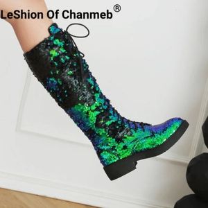 LeShion Of Chanmeb Mulheres Prata Lantejoulas Joelho-Botas Altas Ouro Glitter Zipper Botas Bling Lace-up Sapatos de Salto Baixo Inverno 43 231225