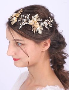 Headpieces Vintage Bridal Hair Accessories Leaf Gold Headdress Shiny Rhinestones Pearls Handmade Headband For Women Tiara Wedding Girls
