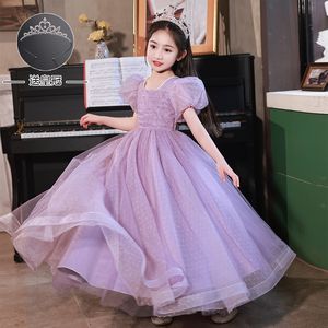 Light Purple Ball Flower Girl Dresses For Wedding Pearls Beaded Dot Appliqued Pageant Gowns Floor Length Tulle First Holy Communion Dress Birthday Party Gown