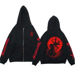 Anime Zip-Up Kurtka Berserk Zipper Juciki cienki z polaru bluza mężczyzn mężczyzn Kobiet Y2K Bluzy Spring i jesienne z kapturem z kapturem