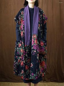 Kvinnors västar Etnisk stil Bomull och linne Floraljacka Retro Fashion Color Blocking V-Neck spänne Lång västmäster Z4116