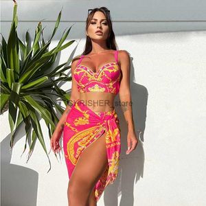 Conjunto de biquínis novo elegante retro impresso biquíni conjunto de três peças de cintura alta sexy maiô com saia de saída para termas praia férias l231225