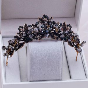 Barock handgjorda svarta kristallpärlor brud tiaras krona rhinestone diadem pageant slöja tiara pannband bröllop hår tillbehör y213c