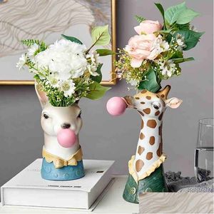 Vases Resin Cartoon Animal Head Vase Flower Pot Bubble Gum Zebra Giraffe Panda Deer Bunny Bear Creative Crafts Decoration 210409 Dro Dhczt