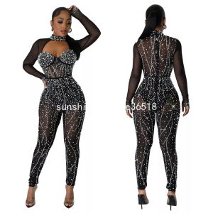 2024 Designer Rhinestone Diamonds Mesh Jumpsuits Women Long Sleeve Bodycon Rompers Sexy See Through Jumpsuits Party Night Club Wear Wholesale Clothes