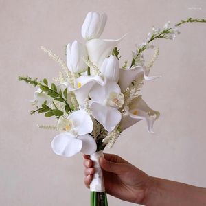 Düğün Çiçekleri 2023 Simülasyon Çiçek Orchid Calla Lily Lale Beyaz Gelin Sahte Kore tarzı buket