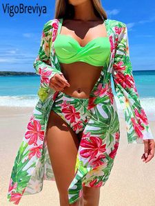 Bikinis Set VigoBreviya Sexy Print 3 Stück Mesh Smock Bikini Set Bademode Frauen 2023 Geschnallt Push UP Badeanzug Sommer Strand BadeanzugL231225