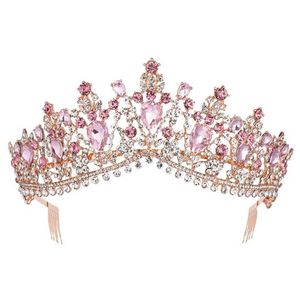 Barock Rose Gold Pink Crystal Bridal Tiara Crown med Cam Pageant Prom Veil Pannband Bröllop hårtillbehör 211006301Z