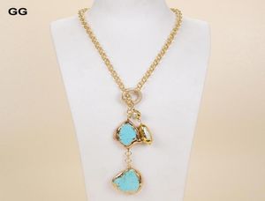 Naszyjniki wisiorek guaiguai biżuteria 27 quot biały biwa perłowa niebieska turkusowe klejnoty kamienne lariat łańcuchowy naszyjnik1741356