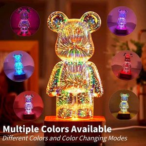 3D Fireworks Bear Lamp USB LED Night Light Bedroom Decoration Cute Table Desk Projection Atmosphere 7 Color Changeble Kid Gift