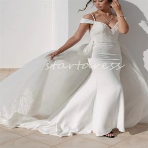 Dream White Mermaid Abito da sposa con overskirt treno eleganti maniche per cappuccio da sposa da sposa APPLICES CHIESA DI LUCI