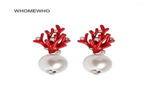 Stud whomewho Red Coral Deer Antler White Faux Pearl Christmas Earrings Fashion Xmas Gift Jewelry Holiday Party Ear Accessories12640802