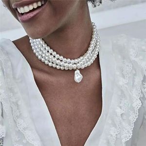 Hänge halsband mode kvinnliga tillbehör flerskikts imitation pärlhalsband metall fast juvel