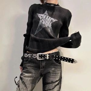 Kadın Sweaters Houzhou Gotik Siyah Yıldız Kazak Kadın Grunge Sonbahar Y2K Vintage O-Yok Örme Külot Goth Kısa Jumper Kpop Korece