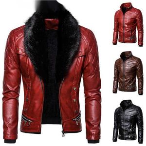 Women's Fur Faux Fur New Design Motorcycle Bomber Add Wool Leather Jacket Men Autumn Turn Down Fur Collar Removable Slim Fit Male Warm Pu Coats