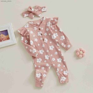 Clothing Sets Autumn Baby Girls Boys Cute Romper 2pcs Floral Print Ribbed Long Sleeves Jumpsuit Headband Infant Clothes