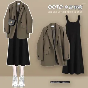 Arbeitskleider Damen Herbstkleid Set Cooler Stil Blazer Anzug Mantel Strick Sling A-Linie Zweiteiler Roupas Femininas Conjuntos