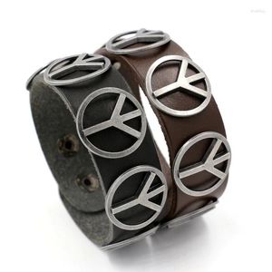 Charm Bracelets Wide Leather Bracelet For Men Retro Fashion Jewelry Antiwar Peace Logo Stainless Steel Metal Snap Fastener
