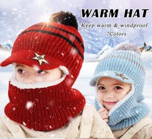 Halsdukar 2021 stickad kort plysch huva halsduk barn hatt och barn vinter varmt skydd öron pom cap flickor pojke tillbehör7493987