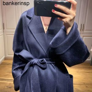 Topp Luxury Coat Maxmaras 101801 Pure Wool Coat Labbro Dubbelsidig Pure Cashmere Coat Women's French High -Navy Blue Hepburn Long Fleece Coateypl