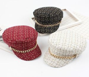 New women hats Tweed plaid newsboy caps chain flat top visor cap vintage plaid military cap female autumn winter hats 2010138251203