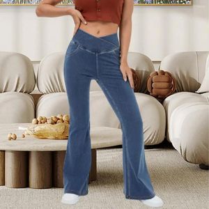 Active Pants Mid midja Stretch Flare Jeans Women Denim Wide Leg Butt-Lifted Casual Korean Style Skinny Bell Bottom Pocket Trousers