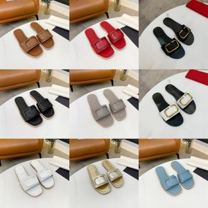 Fashion Luxury Designer Women Sandals Slippers Summer Flats Leather Printed Metal Buttons with box