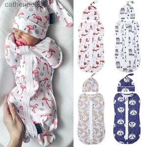 Sleeping Bags 2PCS Soft Baby Swaddle Muslin Blanket Cute Animal Printed Newborn Infant Baby Sleeping Bags Zipper Wrap Swaddling Blanket+HatsL231225