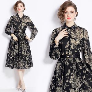 Designer Retro Floral Elegant Fit Party Dress Long Sleeve Woman Vacation Lapel Button Slim Midi Loose Big Swing Dressess 2024 Spring Fall Chic Runway Ruched Ballgown